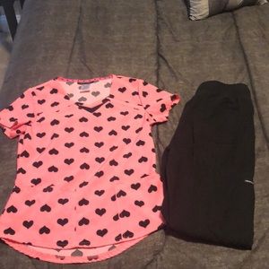 Size small scrub set neon pink top black pants